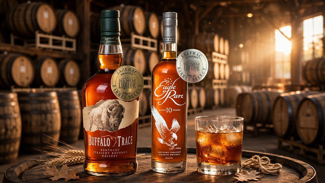 Buffalo Trace Del Mesa Liquor Single Barrel Select Barrel #057 and Eagle Rare Del Mesa Liquor Private Select Single Barrel Bourbon Whiskey in a Kentucky barrel warehouse at Del Mesa Liquor