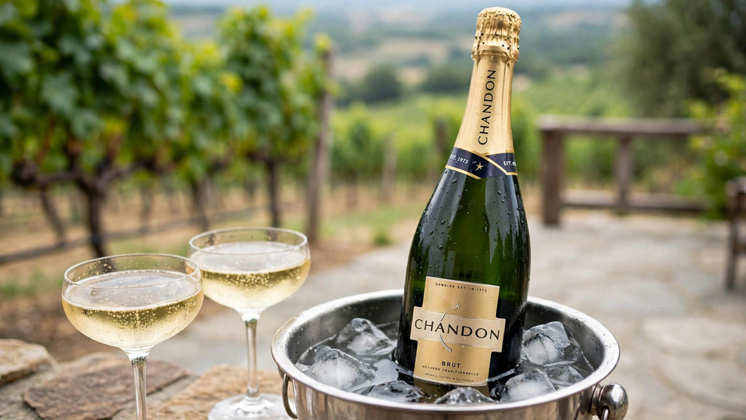 Chandon Brut California sparkling wine bottle with label readable in an ice bucket on a vineyard terrace at Del Mesa Liquor