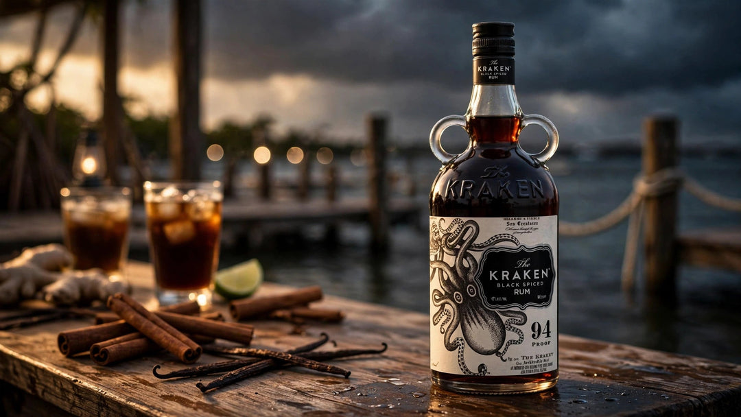 Kraken Black Spiced Rum flagon bottle with label readable on a Caribbean dockside table with cinnamon and vanilla at Del Mesa Liquor