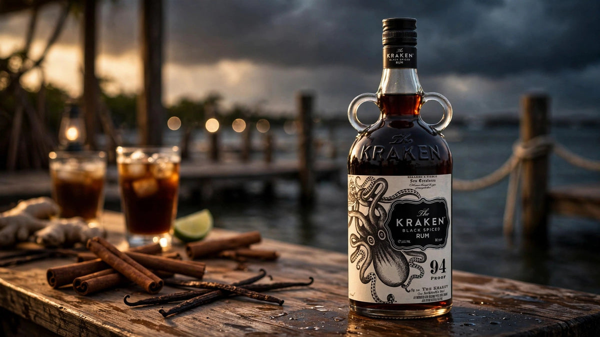 Kraken Black Spiced Rum flagon bottle with label readable on a Caribbean dockside table with cinnamon and vanilla at Del Mesa Liquor