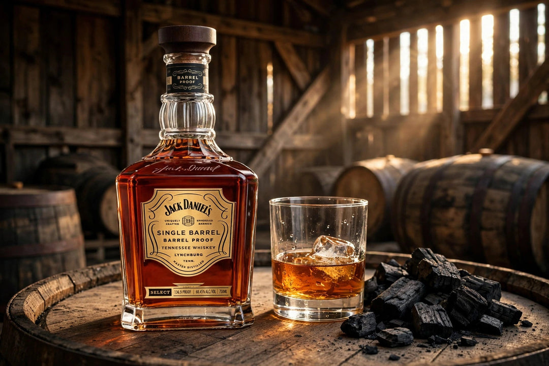 Jack Daniel's Single Barrel Barrel Proof Tennessee Whiskey bottle with label readable on a barrel in a Tennessee rickhouse with sugar maple charcoal at Del Mesa Liquor