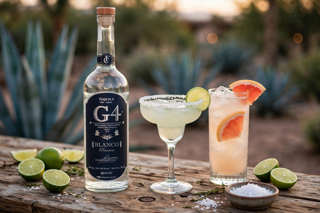G4 Blanco Tequila bottle with label readable beside a margarita and a paloma cocktail with limes and salt at Del Mesa Liquor