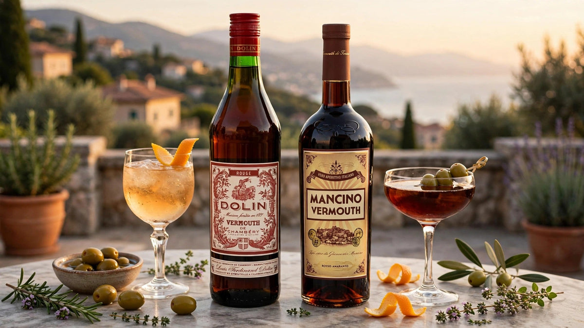 Dolin Vermouth de Chambery Rouge and Mancino Vermouth Rosso Amaranto bottles with labels readable on an aperitivo terrace with cocktails and olives at Del Mesa Liquor
