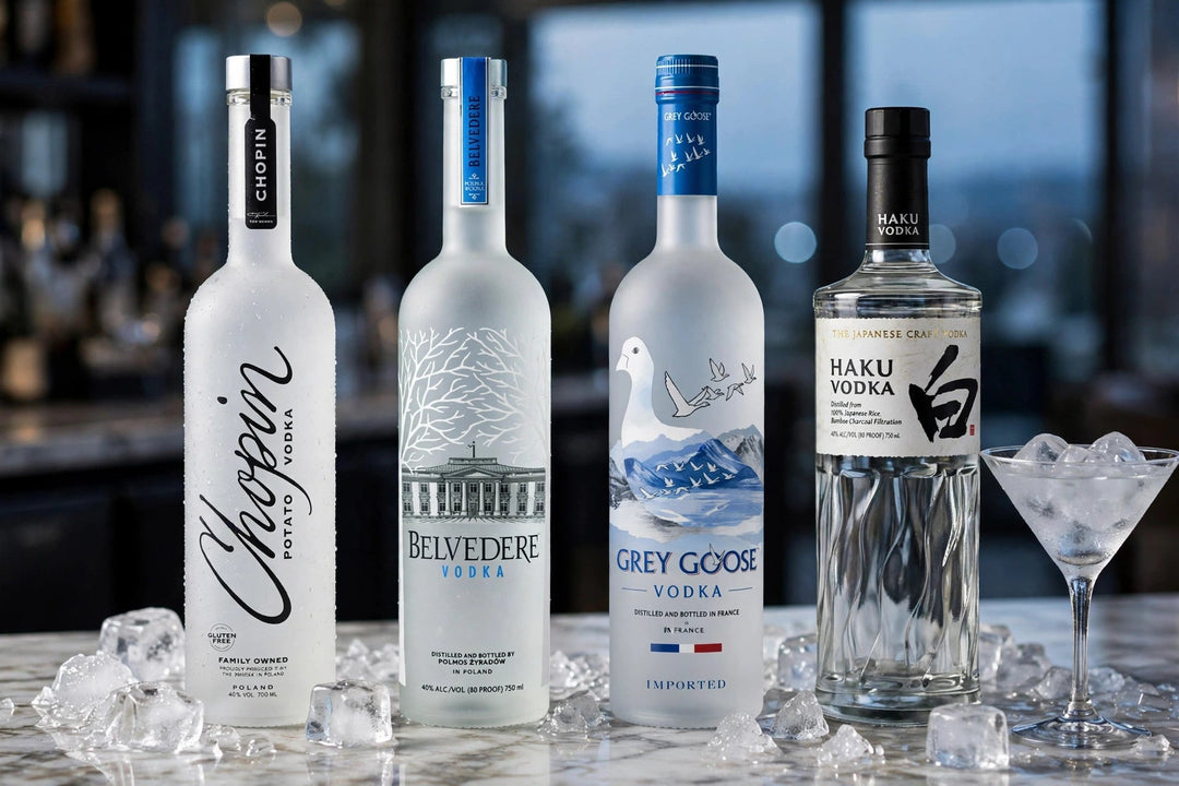 Chopin Potato, Belvedere, Grey Goose and Haku vodka bottles with labels readable on ice at a marble bar at Del Mesa Liquor