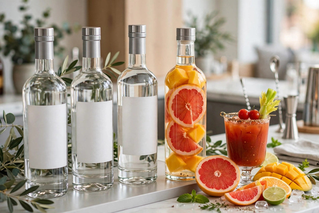 Vodka bottles on a bright modern bar, one with grapefruit slices and mango steeped inside, beside a Bloody Mary