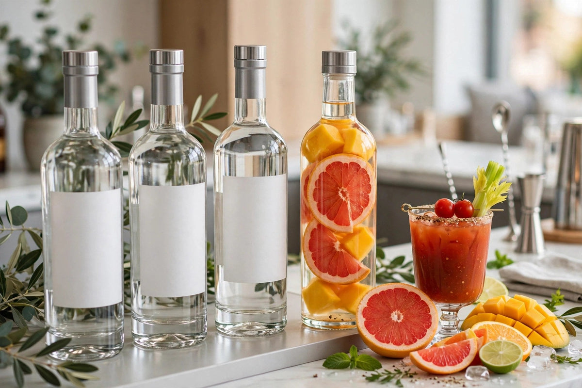 Vodka bottles on a bright modern bar, one with grapefruit slices and mango steeped inside, beside a Bloody Mary