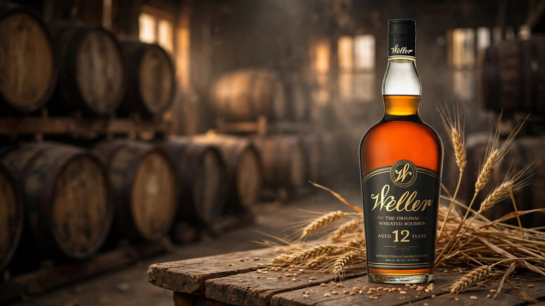 Weller 12 Year Old wheated bourbon bottle with label readable in a Kentucky rickhouse with wheat stalks at Del Mesa Liquor
