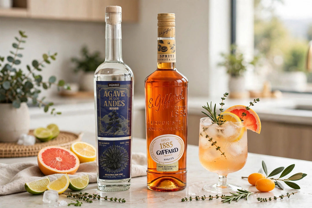 Aqara Agave de los Andes Refugio and Giffard Spritz non-alcoholic bottles with a garnished alcohol-free spritz, citrus and herbs at Del Mesa Liquor