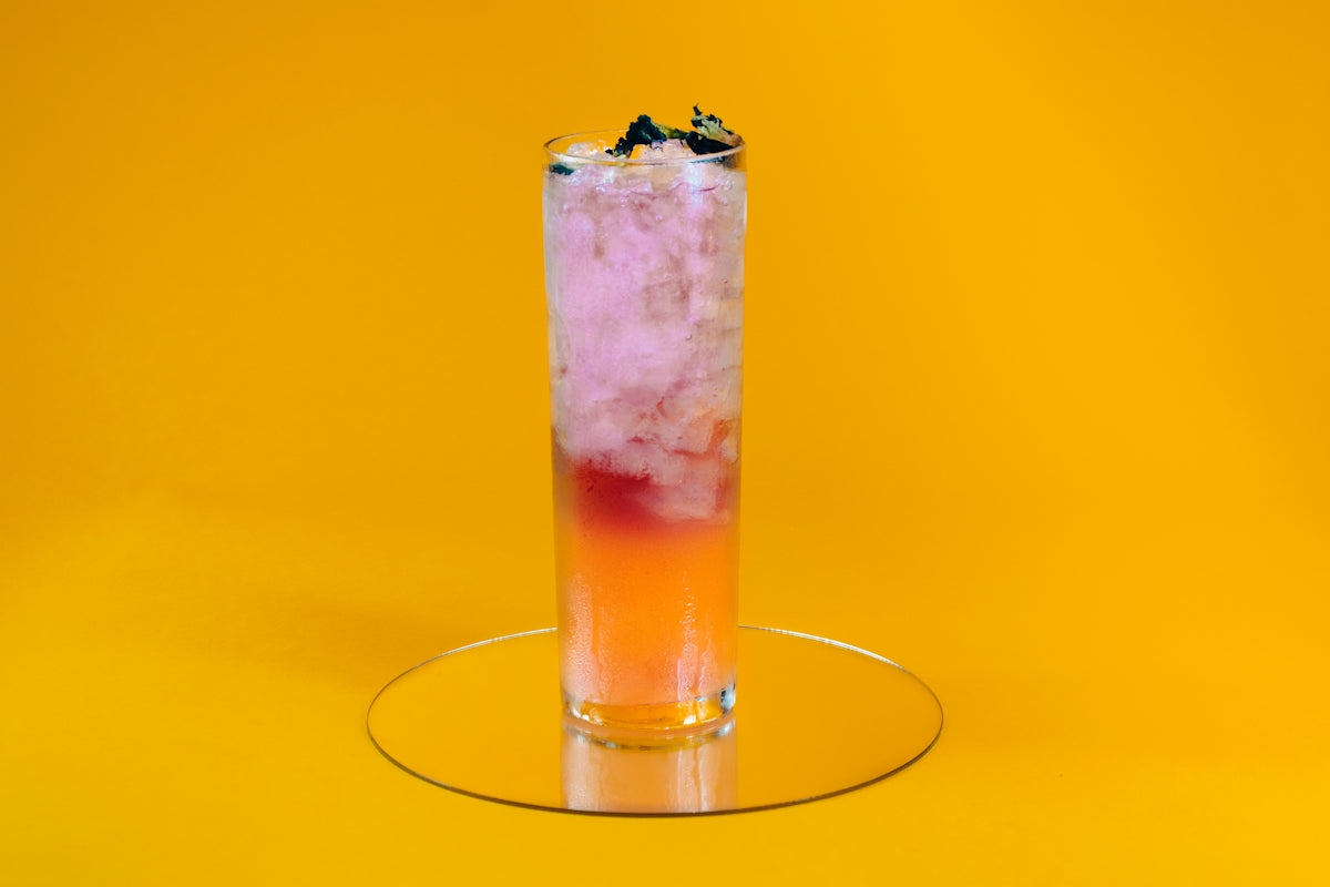 a glass with a drink in it