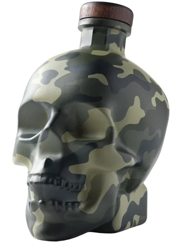 Camouflage-patterned skull-shaped bottle on a white background