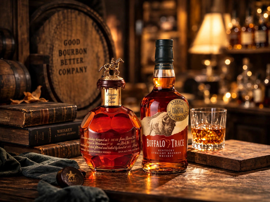 Blanton's Gold and Buffalo Trace Single Barrel bourbon bottles on a bar