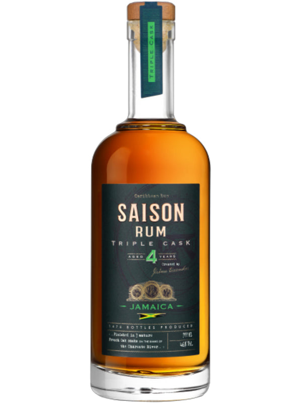 Bottle of Saison Rum Triple Cask Jamaica on a white background