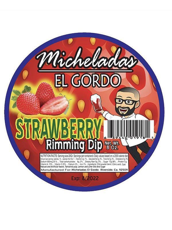 Micheladas El Gordo Strawberry Rimming Dip Chamoy at Del Mesa Liquor